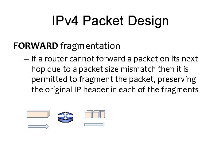 IPv 4 Packet Design FORWARD fragmentation – If a router cannot forward a packet