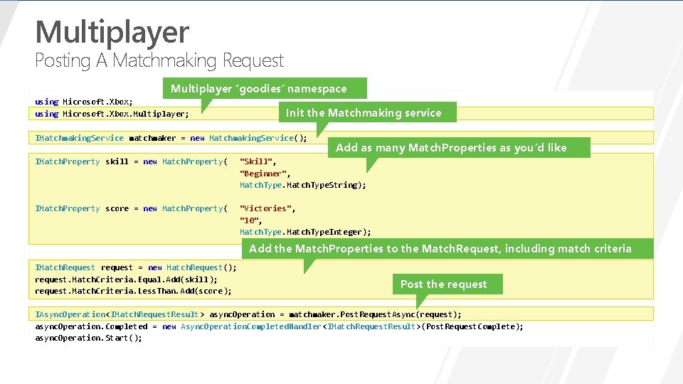 Multiplayer Posting A Matchmaking Request Multiplayer ‘goodies’ namespace using Microsoft. Xbox; using Microsoft. Xbox.