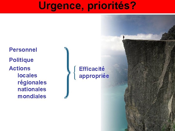 Urgence, priorités? Personnel Politique Actions locales régionales nationales mondiales Efficacité appropriée 28 