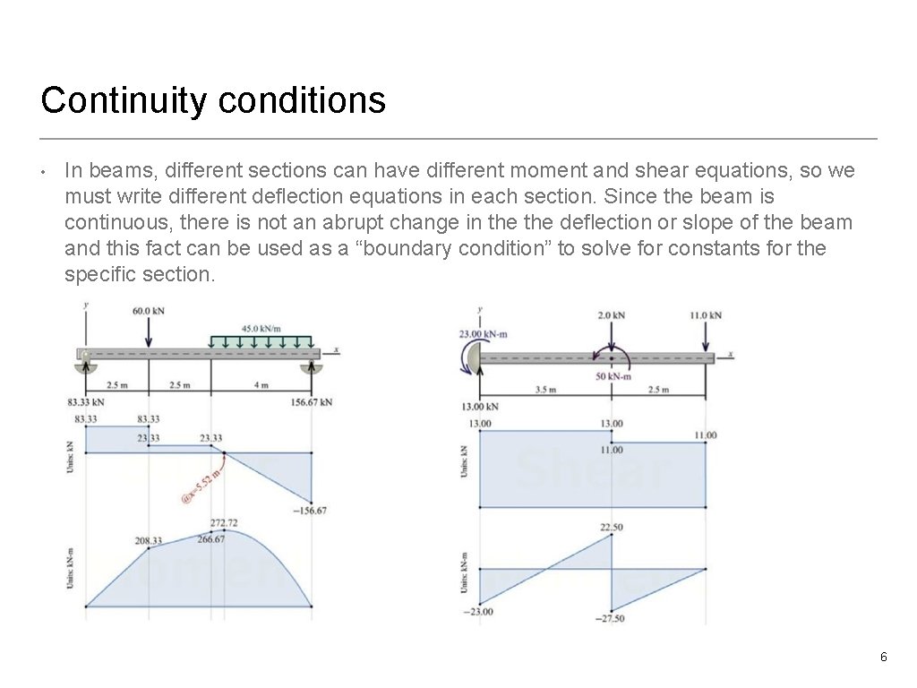 Continuity conditions • In beams, different sections can have different moment and shear equations,