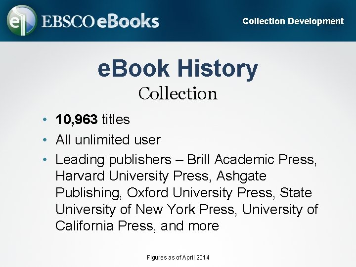 Collection Development e. Book History Collection • 10, 963 titles • All unlimited user