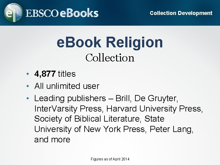 Collection Development e. Book Religion Collection • 4, 877 titles • All unlimited user