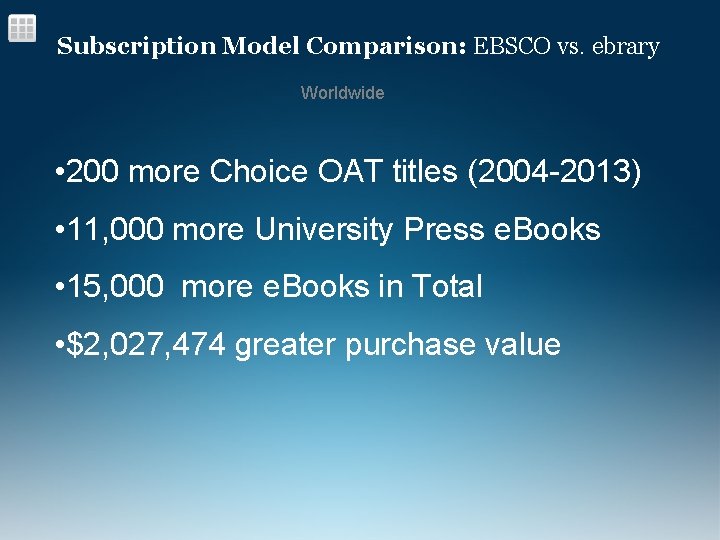 Subscription Model Comparison: EBSCO vs. ebrary Worldwide • 200 more Choice OAT titles (2004