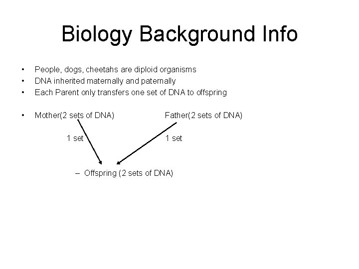 Biology Background Info • • • People, dogs, cheetahs are diploid organisms DNA inherited