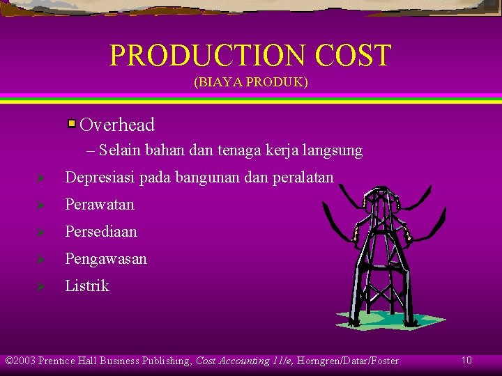 PRODUCTION COST (BIAYA PRODUK) Overhead – Selain bahan dan tenaga kerja langsung Ø Depresiasi