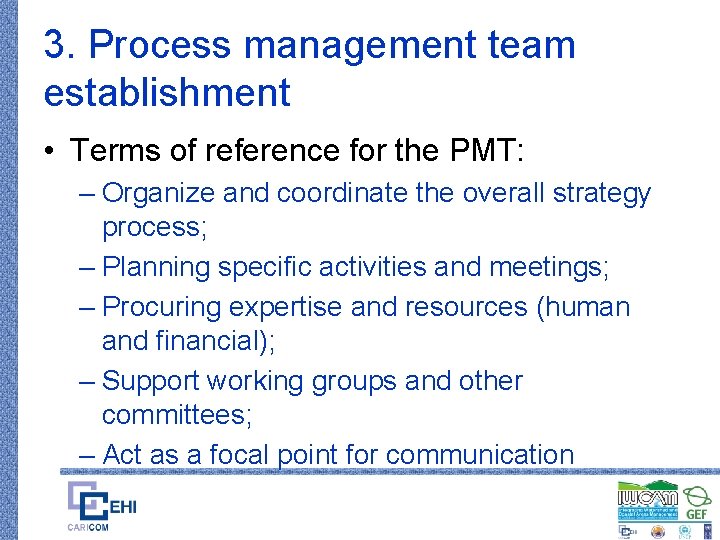 3. Process management team establishment • Terms of reference for the PMT: – Organize