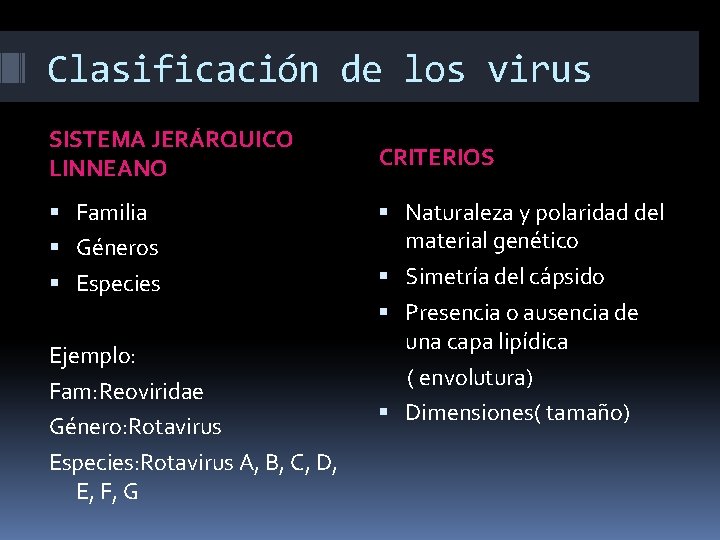 Clasificación de los virus SISTEMA JERÁRQUICO LINNEANO Familia Géneros Especies Ejemplo: Fam: Reoviridae Género: