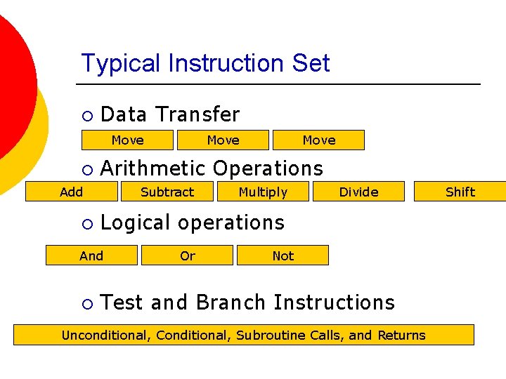 Typical Instruction Set ¡ Data Transfer Move ¡ Subtract Multiply Divide Logical operations And
