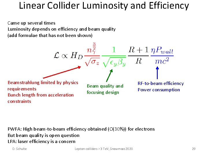 Linear Collider Luminosity and Efficiency Came up several times Luminosity depends on efficiency and