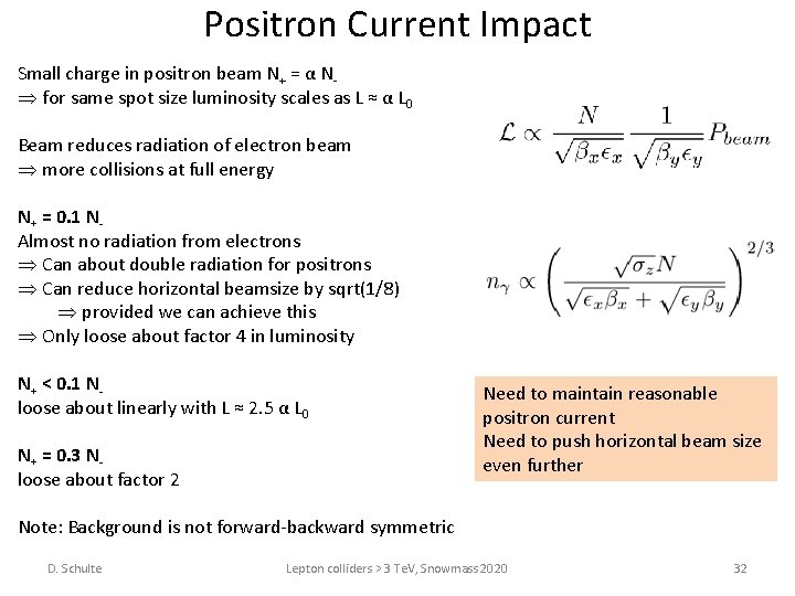 Positron Current Impact Small charge in positron beam N+ = α N for same