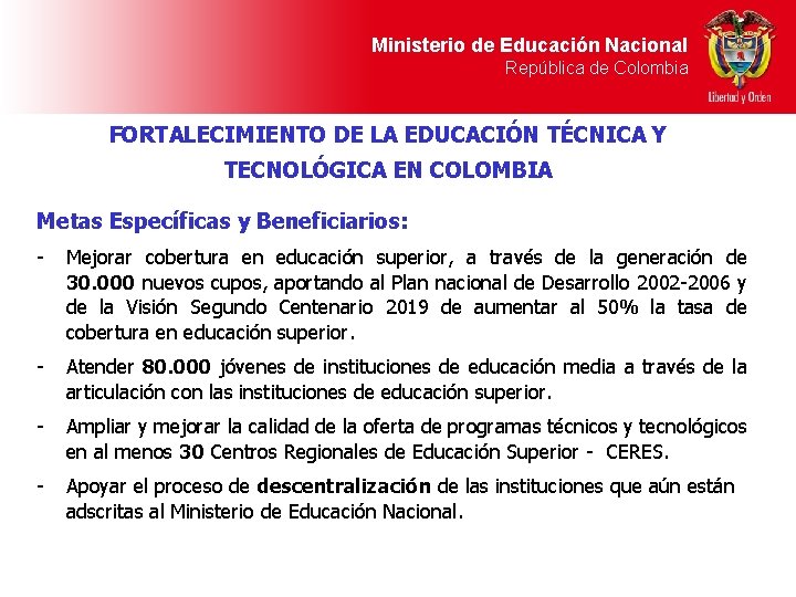 Ministerio de Educación Nacional República de Colombia FORTALECIMIENTO DE LA EDUCACIÓN TÉCNICA Y TECNOLÓGICA