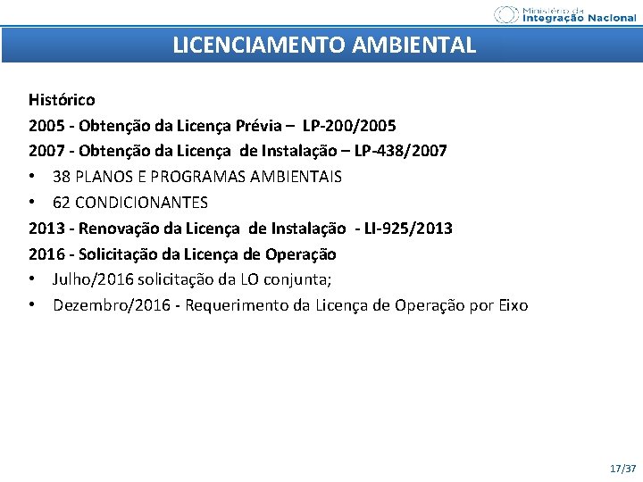 LICENCIAMENTO AMBIENTAL Histórico 2005 - Obtenção da Licença Prévia – LP-200/2005 2007 - Obtenção