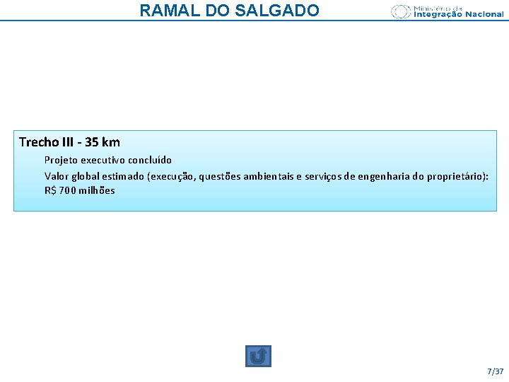 RAMAL DO SALGADO Trecho III - 35 km Projeto executivo concluído Valor global estimado