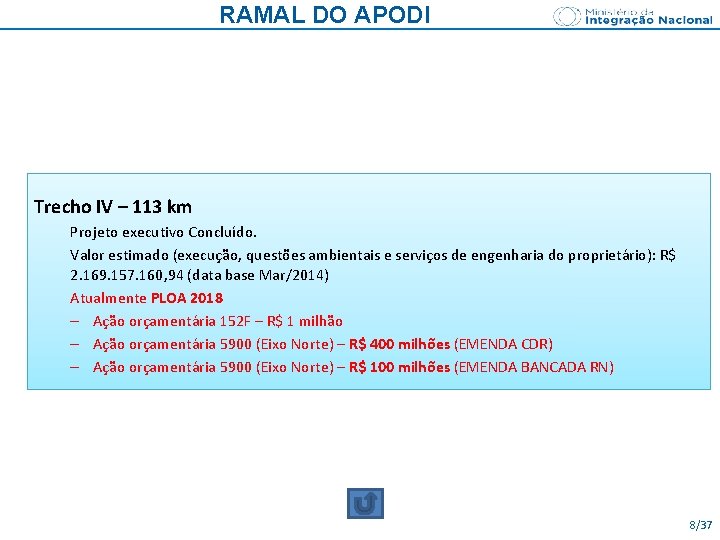RAMAL DO APODI Trecho IV – 113 km Projeto executivo Concluído. Valor estimado (execução,