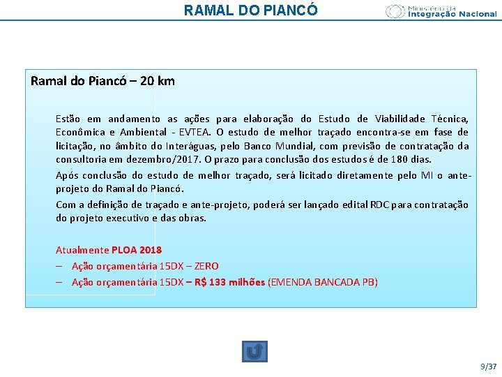 RAMAL DO PIANCÓ Ramal do Piancó – 20 km Estão em andamento as ações