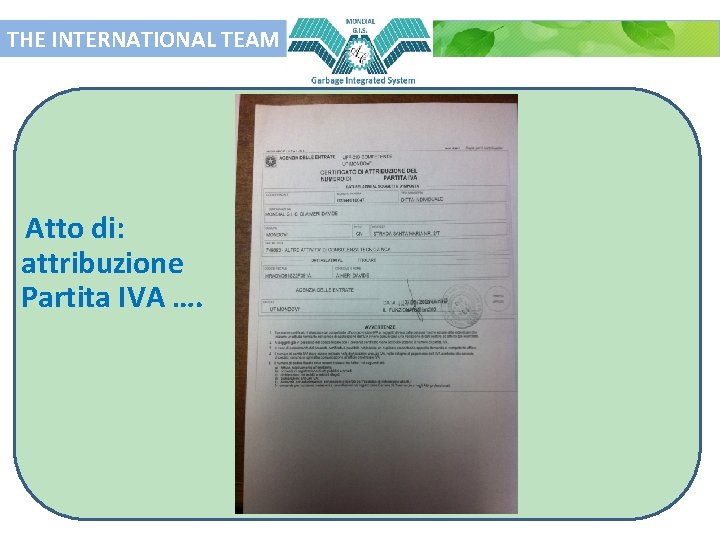 THE INTERNATIONAL TEAM Atto di: attribuzione Partita IVA …. 