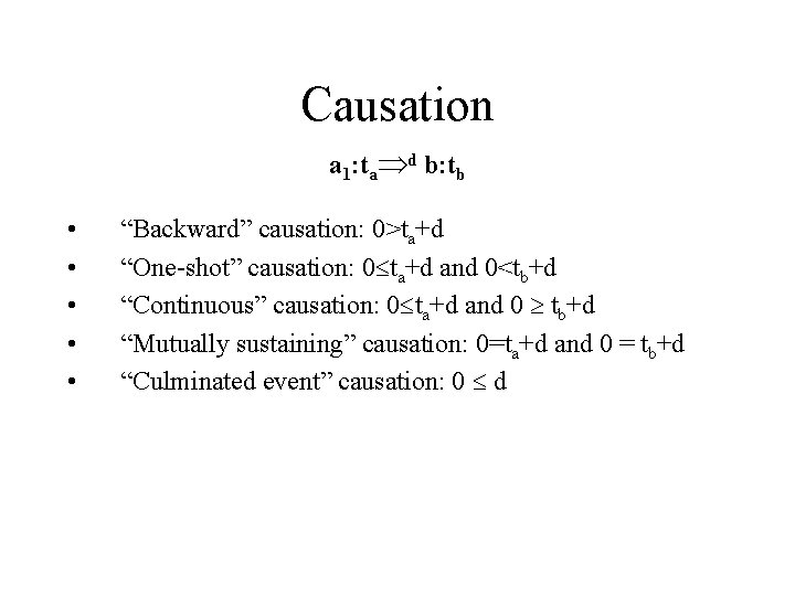 Causation a 1: ta d b: tb • • • “Backward” causation: 0>ta+d “One-shot”