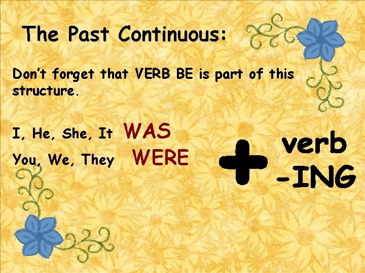 The Past Continuous: Don’t forget that VERB BE is part of this structure. I,