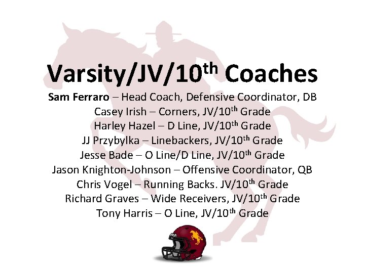th Varsity/JV/10 Coaches Sam Ferraro – Head Coach, Defensive Coordinator, DB Casey Irish –