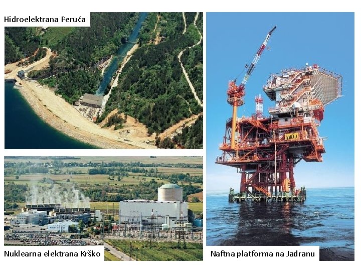 Hidroelektrana Peruća Nuklearna elektrana Krško Naftna platforma na Jadranu Hidroelektrana Peruća Nuklearna elektrana Krško Naftna platforma na Jadranu