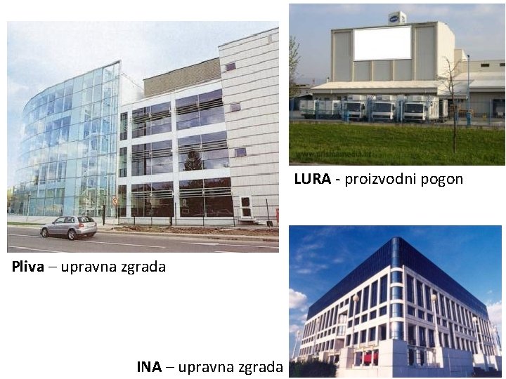 LURA - proizvodni pogon Pliva – upravna zgrada INA – upravna zgrada LURA - proizvodni pogon Pliva – upravna zgrada INA – upravna zgrada