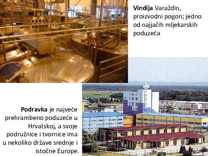 Vindija Varaždin, proizvodni pogon; jedno od najjačih mljekarskih poduzeća Podravka je najveće prehrambeno poduzeće Vindija Varaždin, proizvodni pogon; jedno od najjačih mljekarskih poduzeća Podravka je najveće prehrambeno poduzeće
