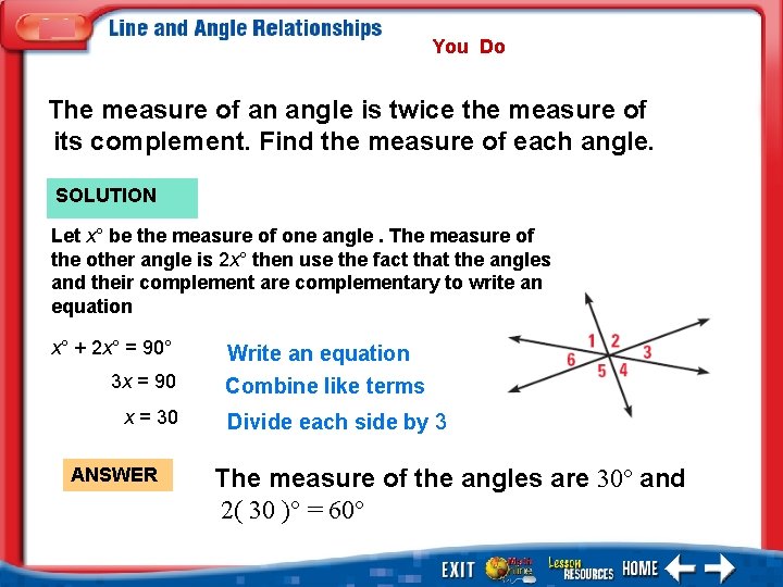 You Do The measure of an angle is twice the measure of its complement.
