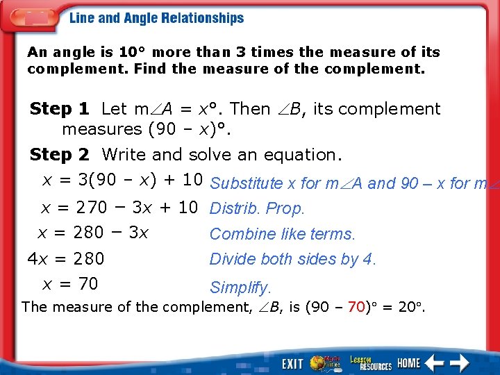 An angle is 10° more than 3 times the measure of its complement. Find