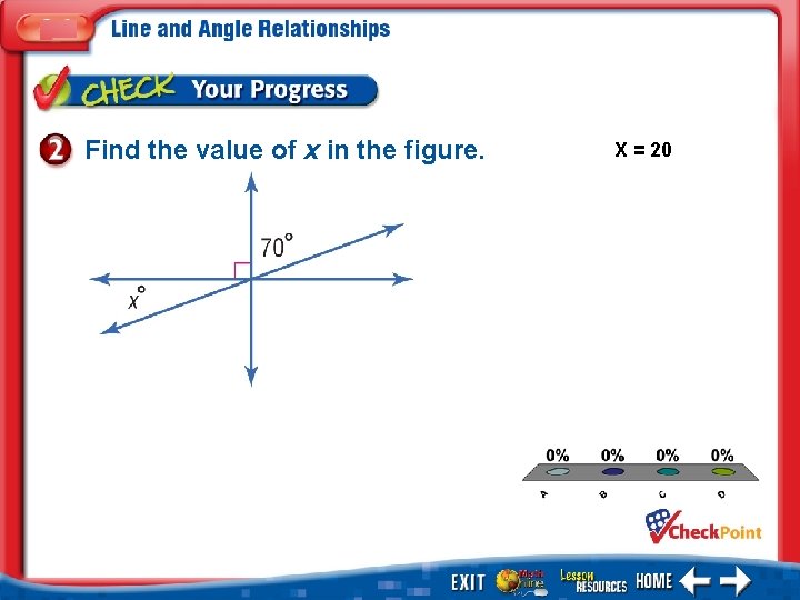 Find the value of x in the figure. X = 20 1. 2. 3.