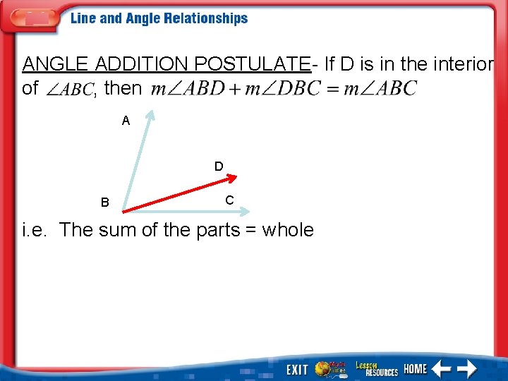 ANGLE ADDITION POSTULATE- If D is in the interior of , then A D