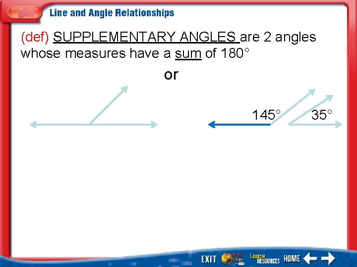 (def) SUPPLEMENTARY ANGLES are 2 angles whose measures have a sum of 180° or
