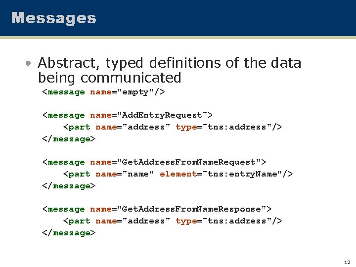 Messages • Abstract, typed definitions of the data being communicated <message name="empty"/> <message name="Add.