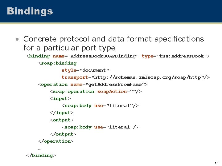 Bindings • Concrete protocol and data format specifications for a particular port type <binding