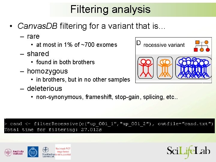 Filtering analysis • Canvas. DB filtering for a variant that is… – rare •