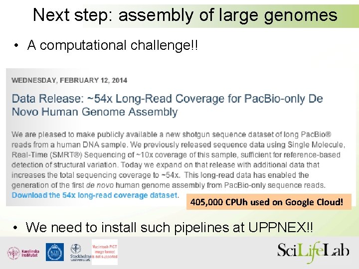 Next step: assembly of large genomes • A computational challenge!! 405, 000 CPUh used