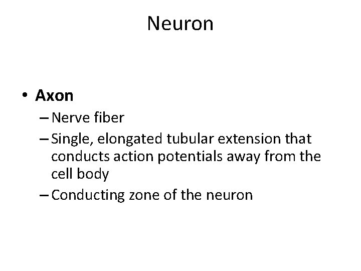 Neuron • Axon – Nerve fiber – Single, elongated tubular extension that conducts action