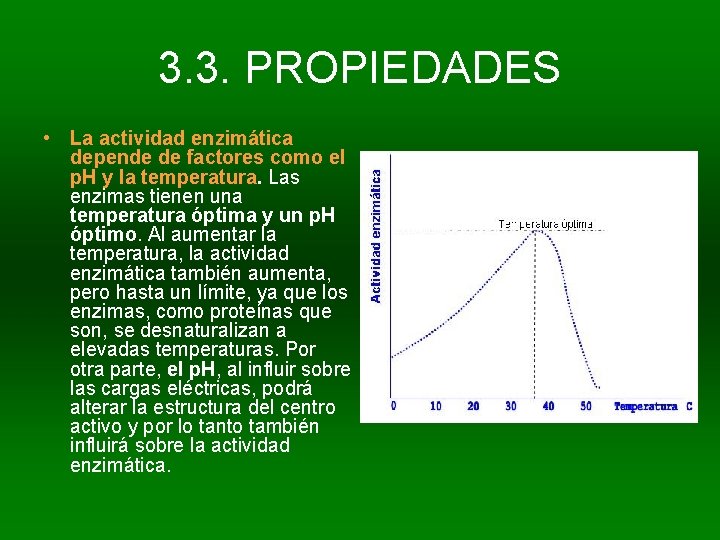 3. 3. PROPIEDADES • La actividad enzimática depende de factores como el p. H