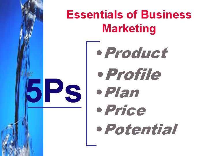 Essentials of Business Marketing • Product the 5 Ps • Profile • Plan •