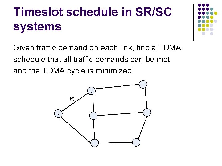 Timeslot schedule in SR/SC systems Given traffic demand on each link, find a TDMA