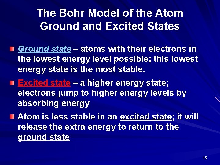 The Bohr Model of the Atom Ground and Excited States Ground state – atoms