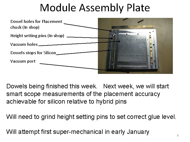 Module Assembly Plate Dowel holes for Placement chuck (In shop) Height setting pins (In