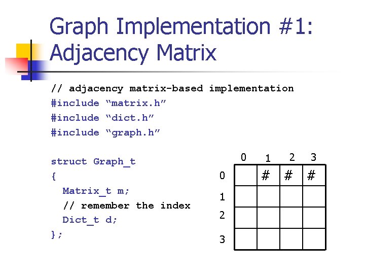 Graph Implementation #1: Adjacency Matrix // adjacency matrix-based implementation #include “matrix. h” #include “dict.