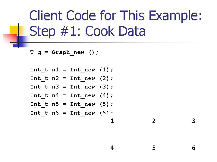 Client Code for This Example: Step #1: Cook Data T g = Graph_new ();