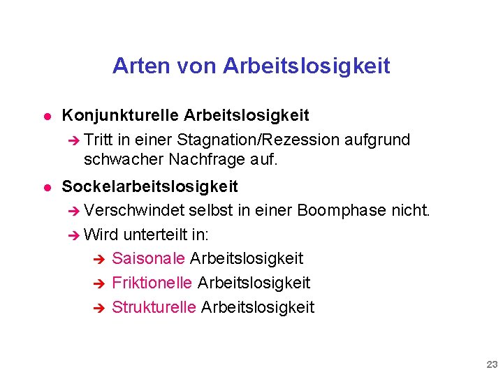 Arten von Arbeitslosigkeit l Konjunkturelle Arbeitslosigkeit è Tritt in einer Stagnation/Rezession aufgrund schwacher Nachfrage