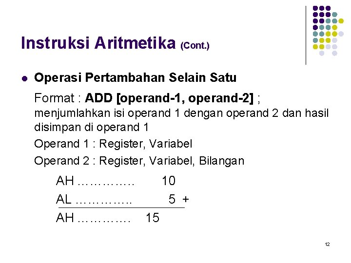 Instruksi Aritmetika (Cont. ) l Operasi Pertambahan Selain Satu Format : ADD [operand-1, operand-2]