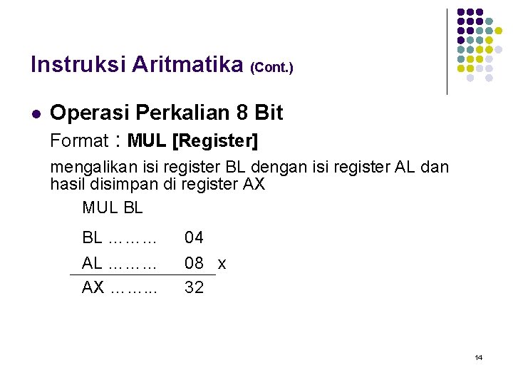 Instruksi Aritmatika (Cont. ) l Operasi Perkalian 8 Bit Format : MUL [Register] mengalikan