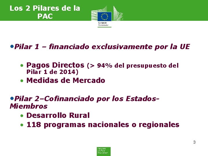 Los 2 Pilares de la PAC • Pilar 1 – financiado exclusivamente por la