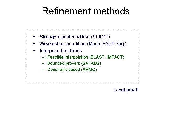 Refinement methods • Strongest postcondition (SLAM 1) • Weakest precondition (Magic, FSoft, Yogi) •