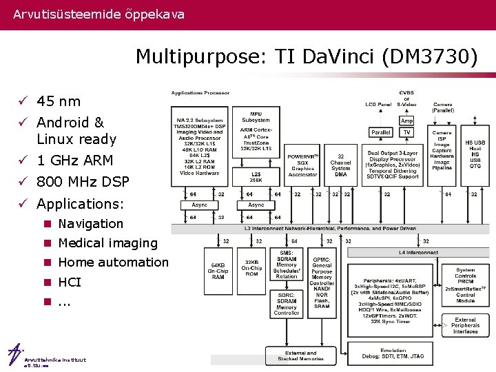 Arvutisüsteemide õppekava Multipurpose: TI Da. Vinci (DM 3730) ü 45 nm ü Android &