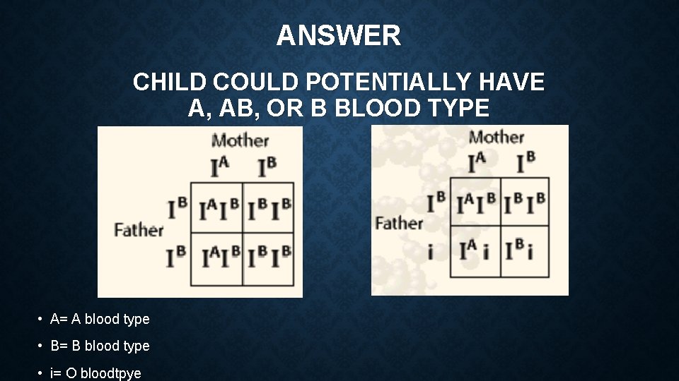 ANSWER CHILD COULD POTENTIALLY HAVE A, AB, OR B BLOOD TYPE • A= A